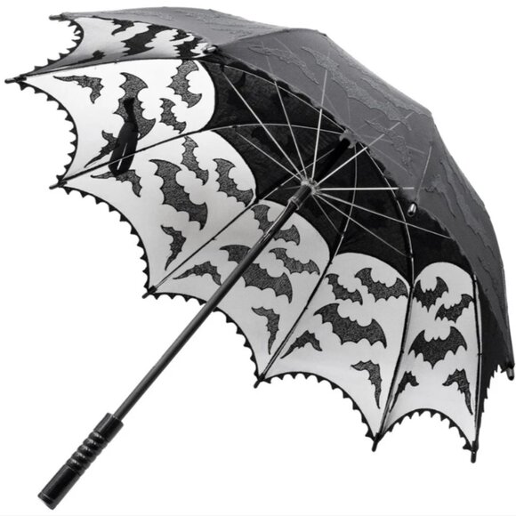 Accessories - Black Bat Mesh Lace Spiderweb Detail Deep Round Sun Shade Parasol NWT